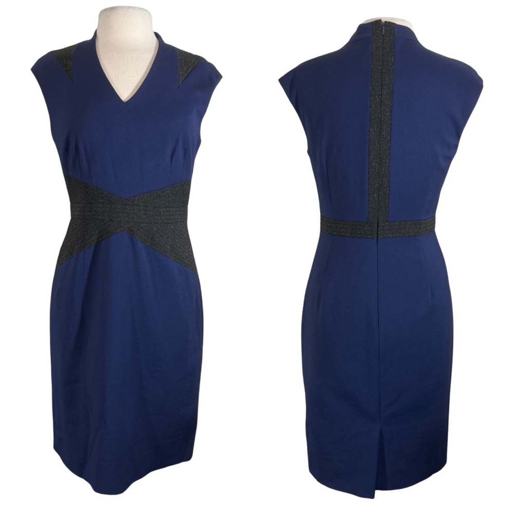 ANTONIO MELANI Sz 8 Deep Blue Dress with Charcoal Details Sheath Pencil Navy